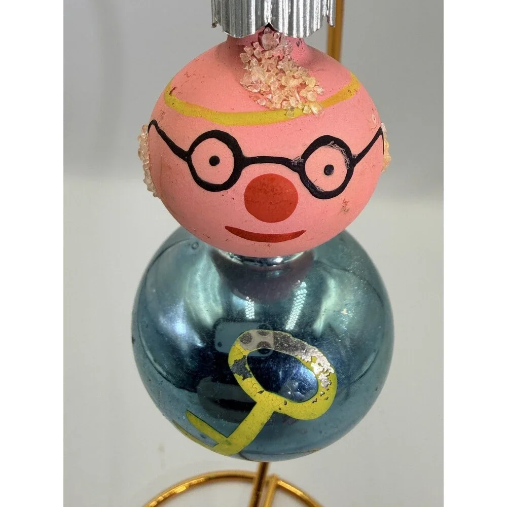 Vintage Shiny Brite Clown Grandparent Key Christmas Glass Ornament USA Pink Blue
